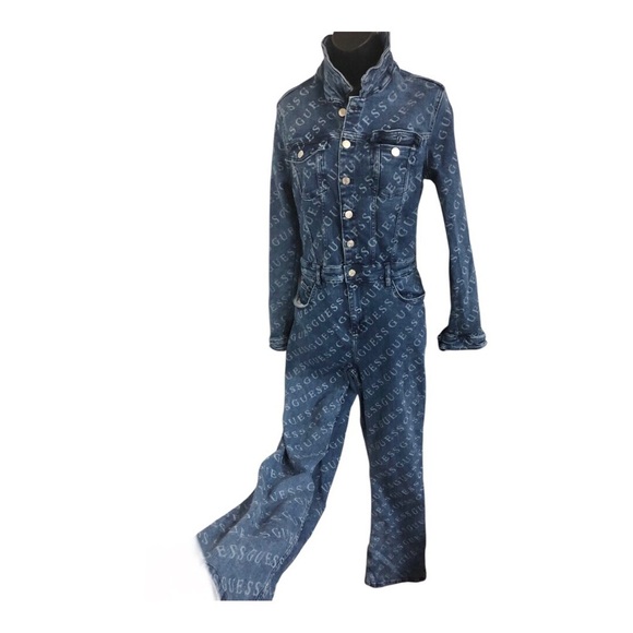 Guess Lorena blue jeans all over Guess logo collared‎ denim jumpsuit size XL new - Picture 1 of 16